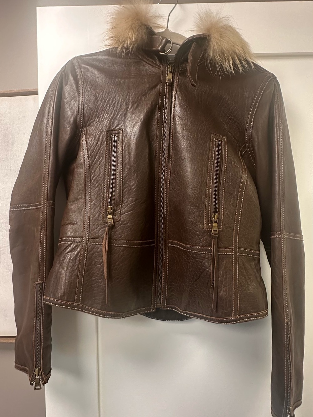 Marc New York Women's Dark Brown Leather Jacket with Fur Collar